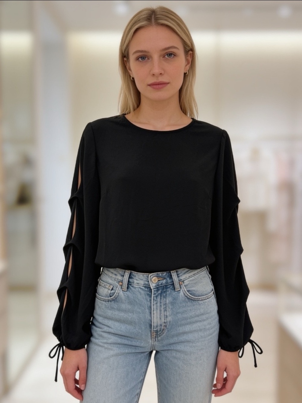 NWT Vince Camuto Black Balloon Sleeve Blouse XS Tie Cuff Long Sleeve Top